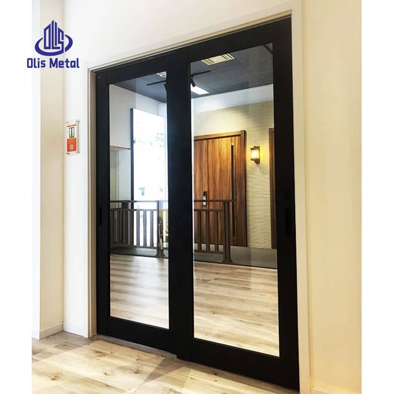 Black Aluminum 2-Panel Trackless Double Sliding Interior Glass Door | Precision-Machined Industrial Style for Construction Contractors - Image 2