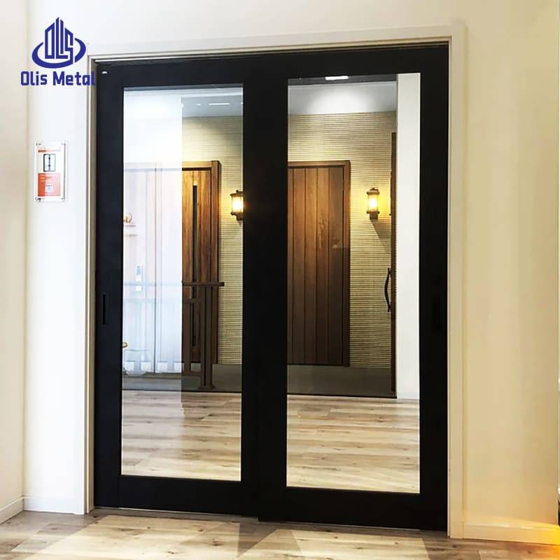 Black Aluminum 2-Panel Trackless Double Sliding Interior Glass Door | Precision-Machined Industrial Style for Construction Contractors