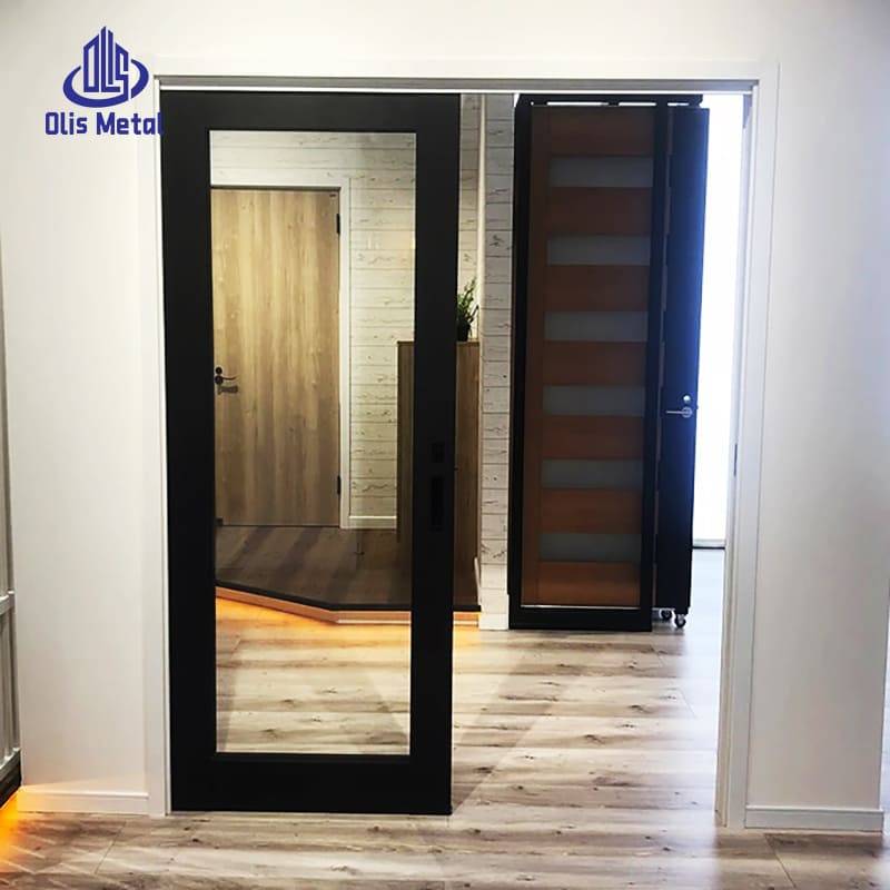 Black Aluminum 2-Panel Trackless Double Sliding Interior Glass Door | Precision-Machined Industrial Style for Construction Contractors - Image 3