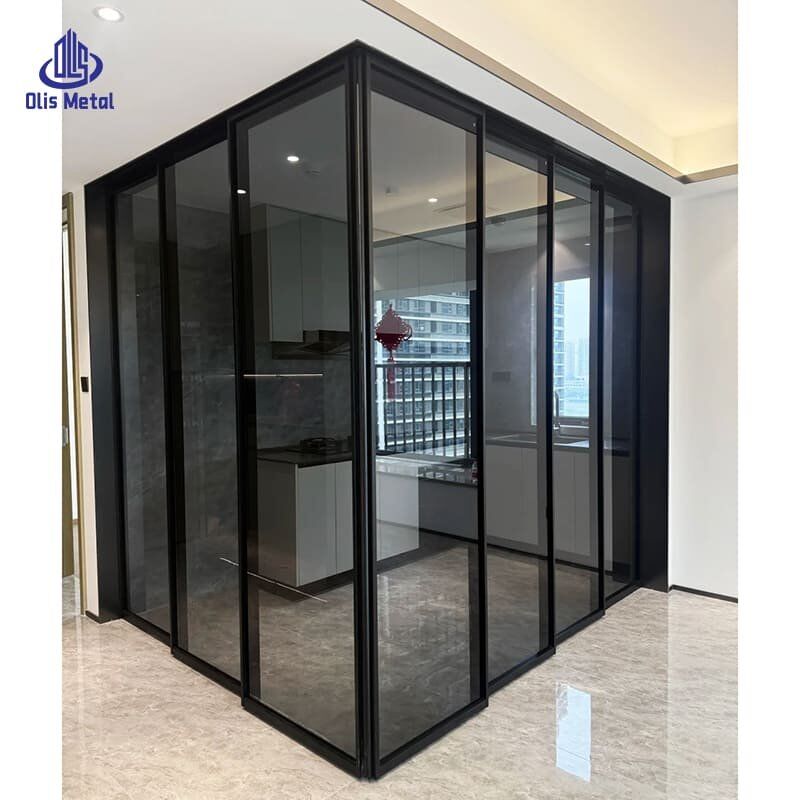 Black Aluminum L-Shaped Kitchen Partition Sliding Door | Premium Corner Glazing for Apartment Renovation Projects - Image 4