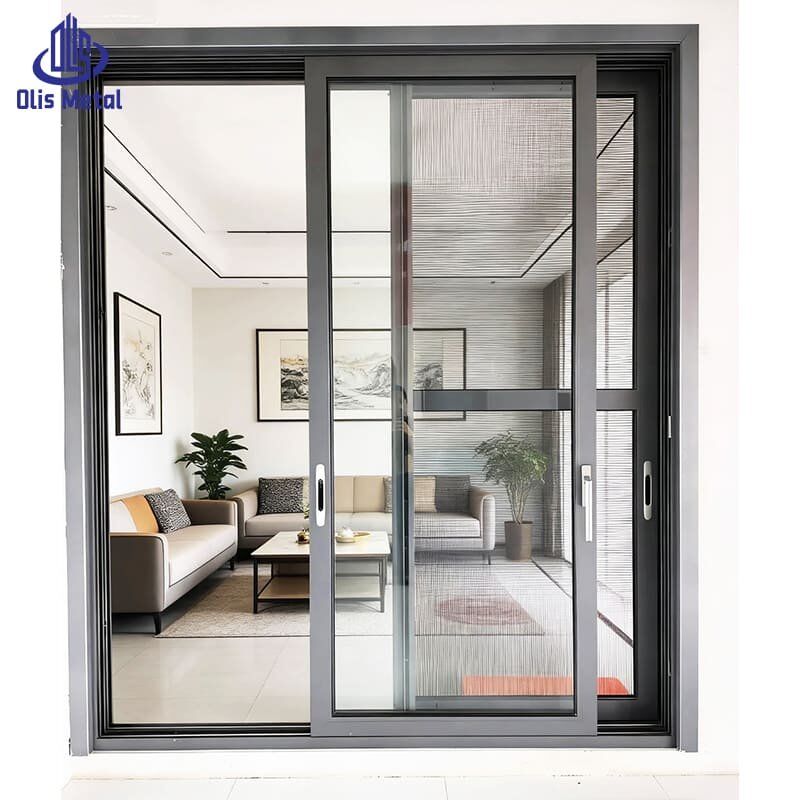 Silver Gray Thermal Insulated Aluminum Screen Sliding Door | Superior Soundproof Energy-Saving System for Residential Construction