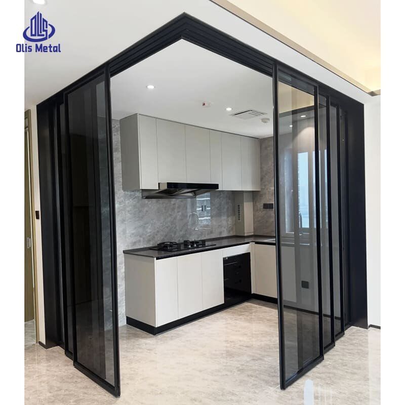 Black Aluminum L-Shaped Kitchen Partition Sliding Door | Premium Corner Glazing for Apartment Renovation Projects - Image 3