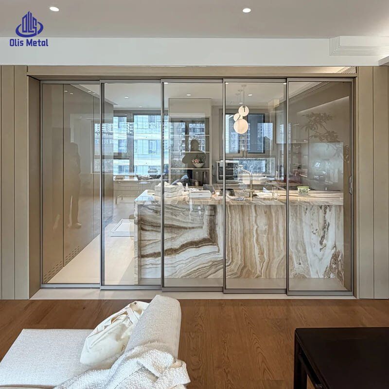 Concealed Aluminum Pocket Sliding Glass Door | Luxurious Flush-Wall Kitchen Divider for High-End Villa Projects