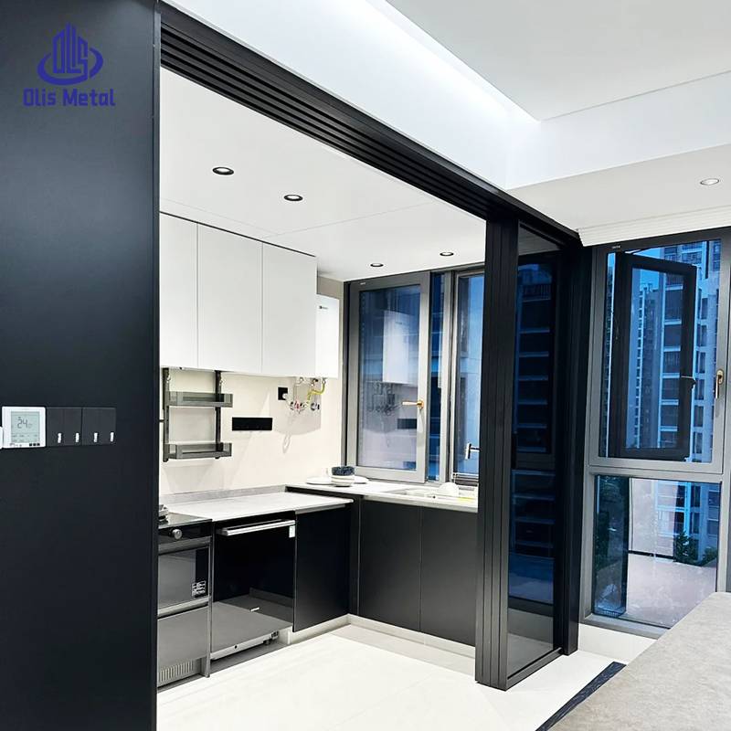 Sophisticated Black Narrow Frame Sliding Glass Door for Kitchen | Clear Glass View - Image 2